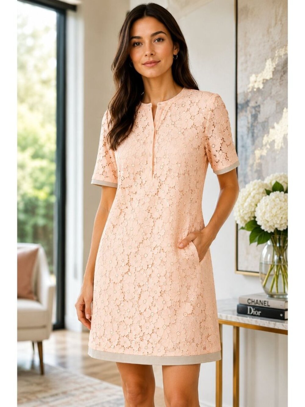 Diane Von Furstenberg Warner Dress 2 Pale Peach Floral Lace Shift Pockets